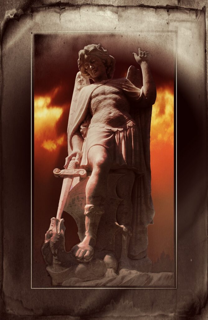 statue, archangel michael, dragon sword